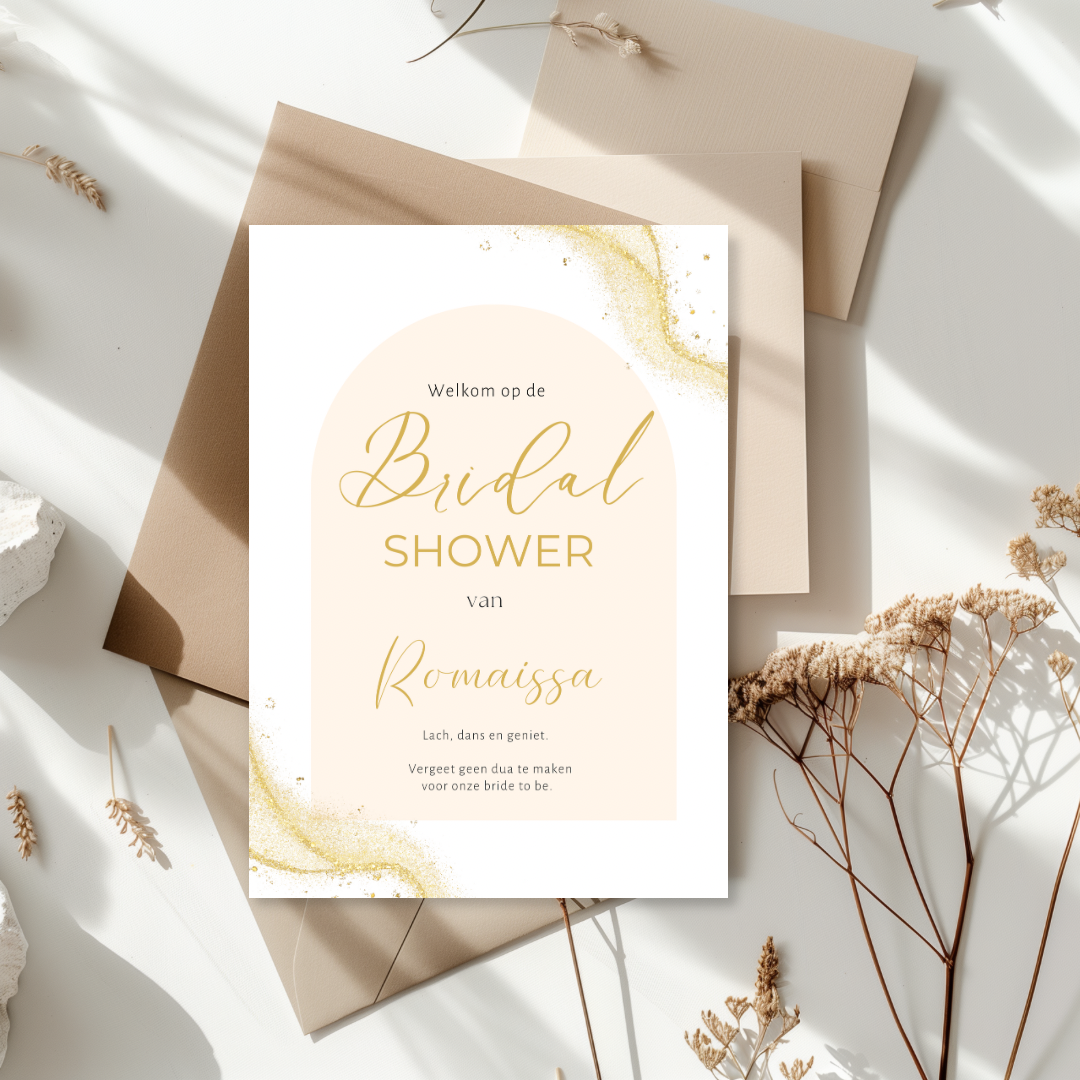 Tafelkaart voor bridal shower met beige boog met gouden glitters ontwerp