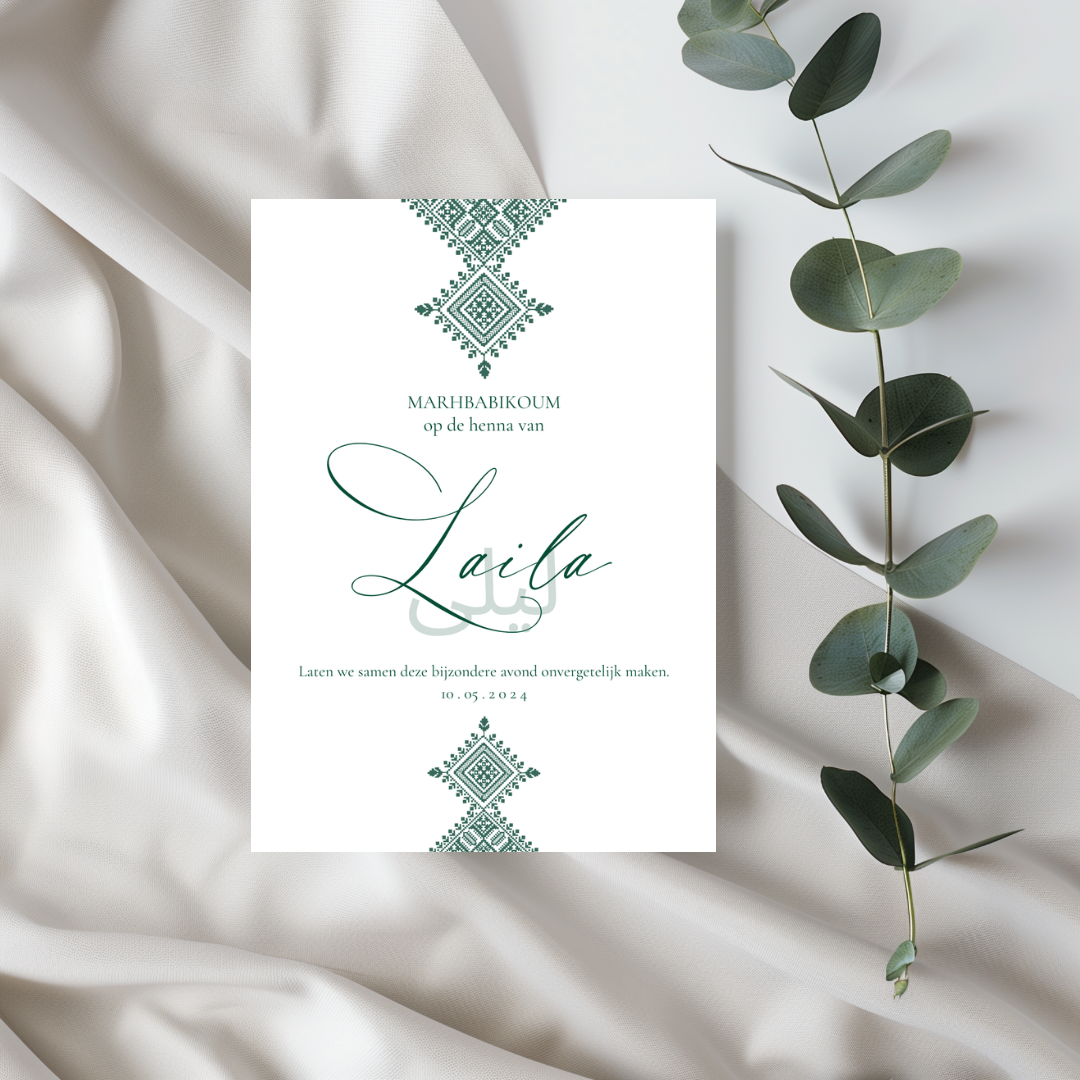 Tafelkaart voor henna met fessi groen met arabische naam marokkaans ontwerp