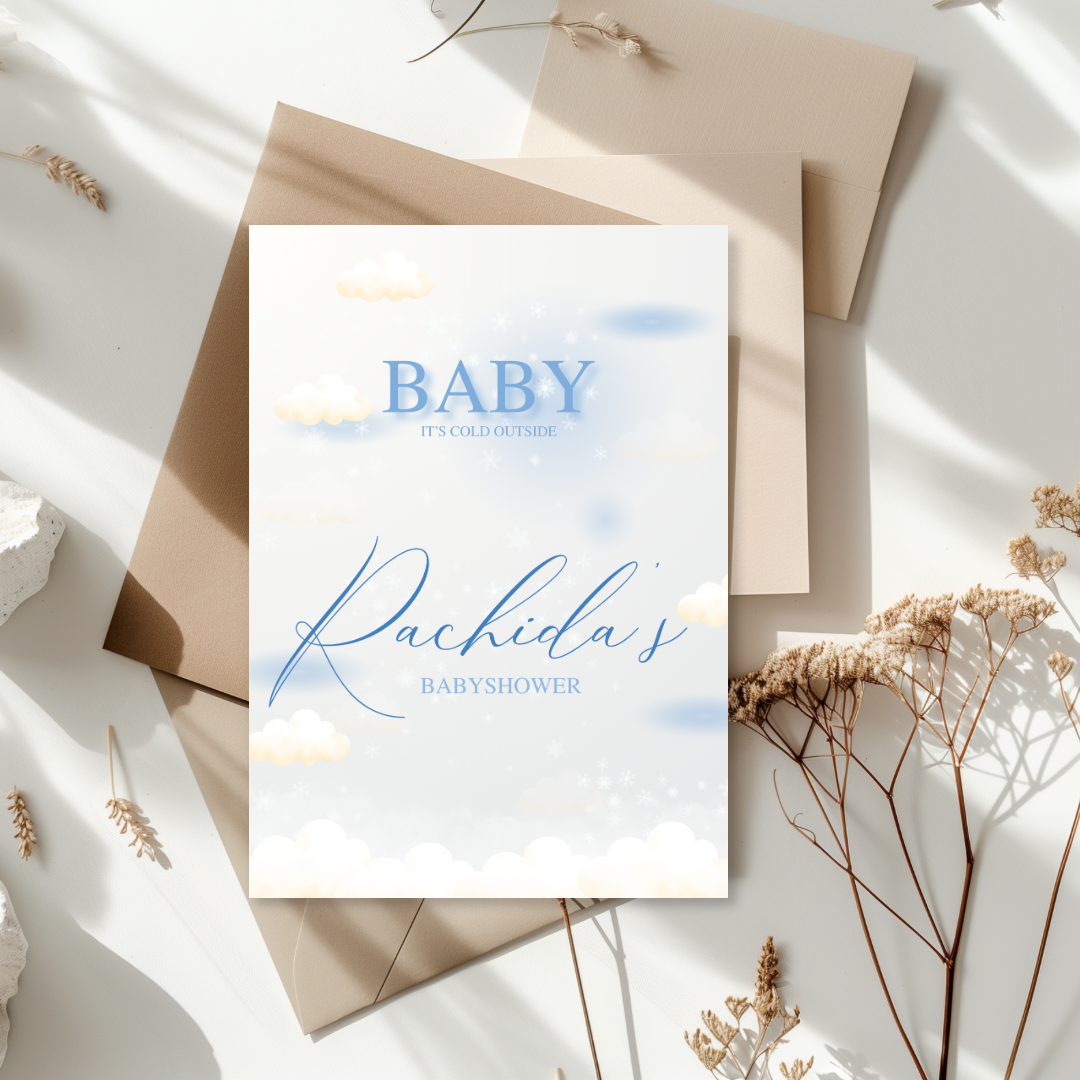 Tafelkaart voor babyshower met blauwe wolken ontwerp