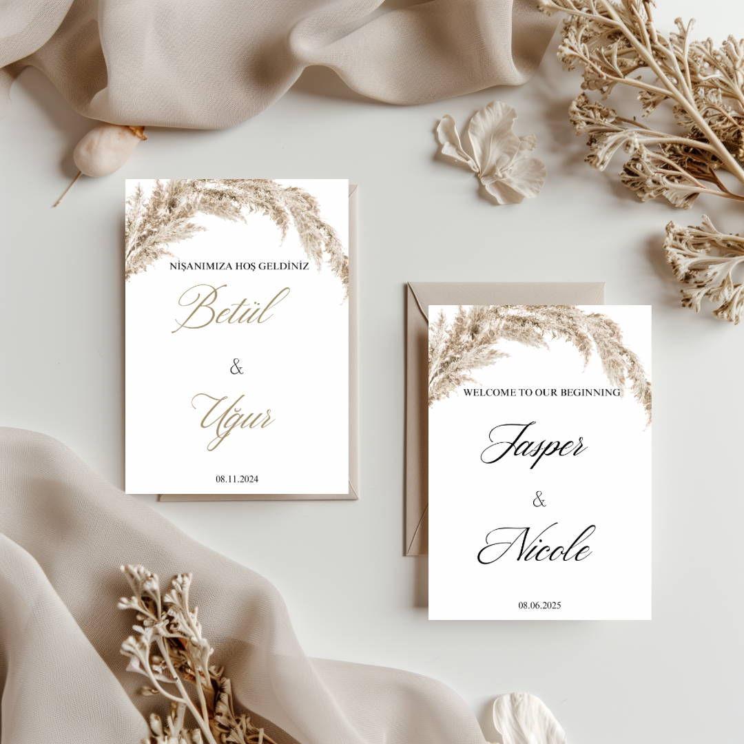 Tafelkaart voor bruiloft met pampas ontwerp