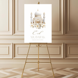 Welkomstbord voor eid met witte moskee ontwerp