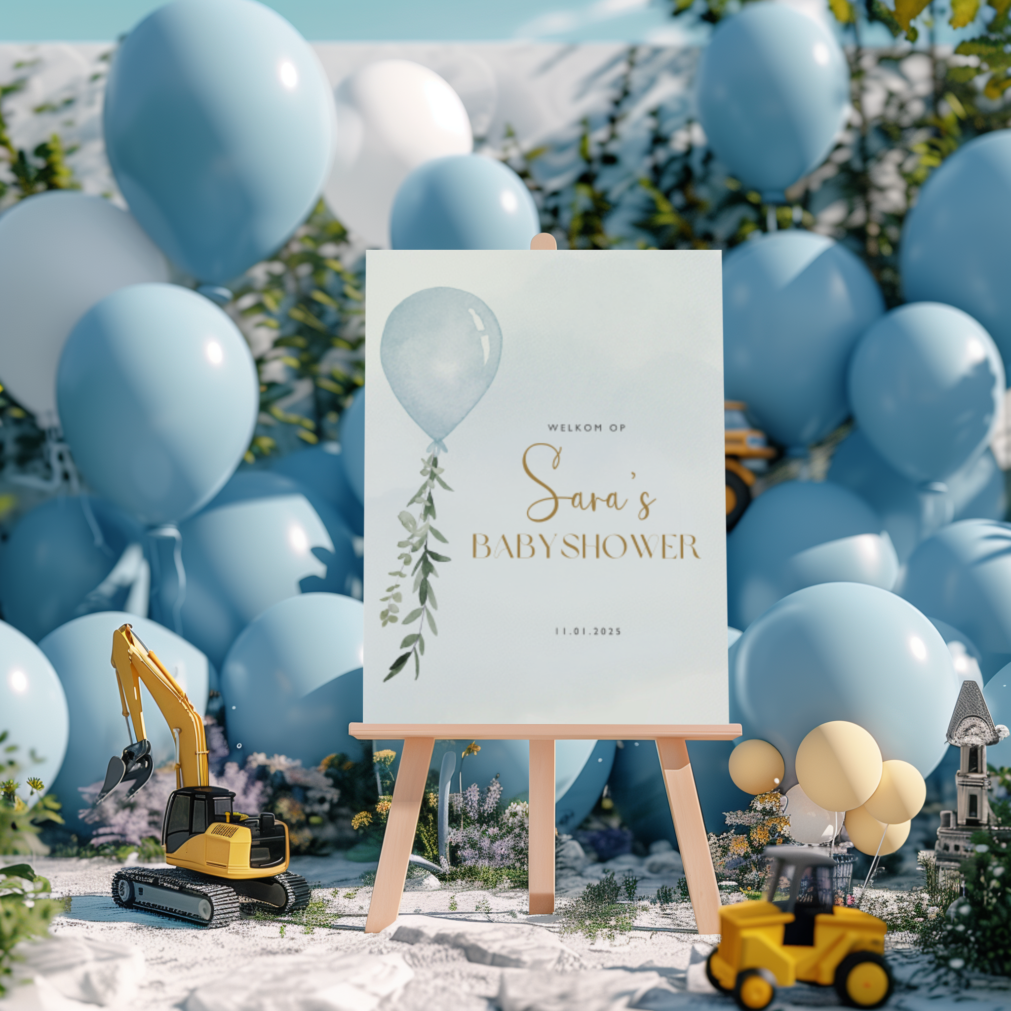 Welkomstbord voor babyshower met blauwe ballon ontwerp