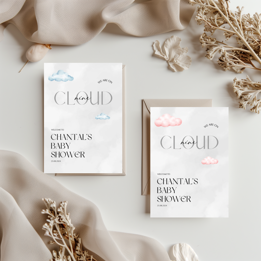 Tafelkaart voor babyshower met roze wolken cloud 9 ontwerp