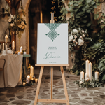 Welkomstbord voor bruiloft met marokkaans fessia groen ontwerp