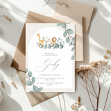 Tafelkaart voor babyshower met groene jungledieren ontwerp