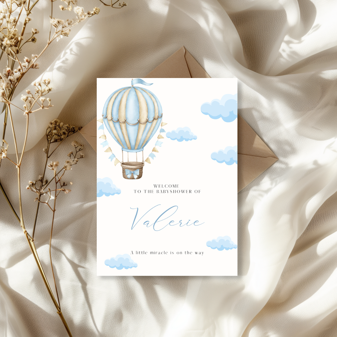 Kaart Babyshower - Blauwe Luchtballon met wolkjes