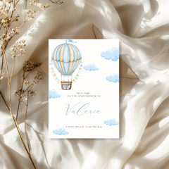 Kaart Babyshower - Blauwe Luchtballon met wolkjes