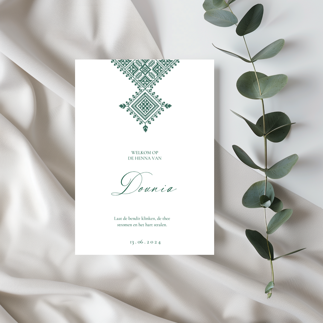 Tafelkaart voor bruiloft met marokkaans fessia groen ontwerp