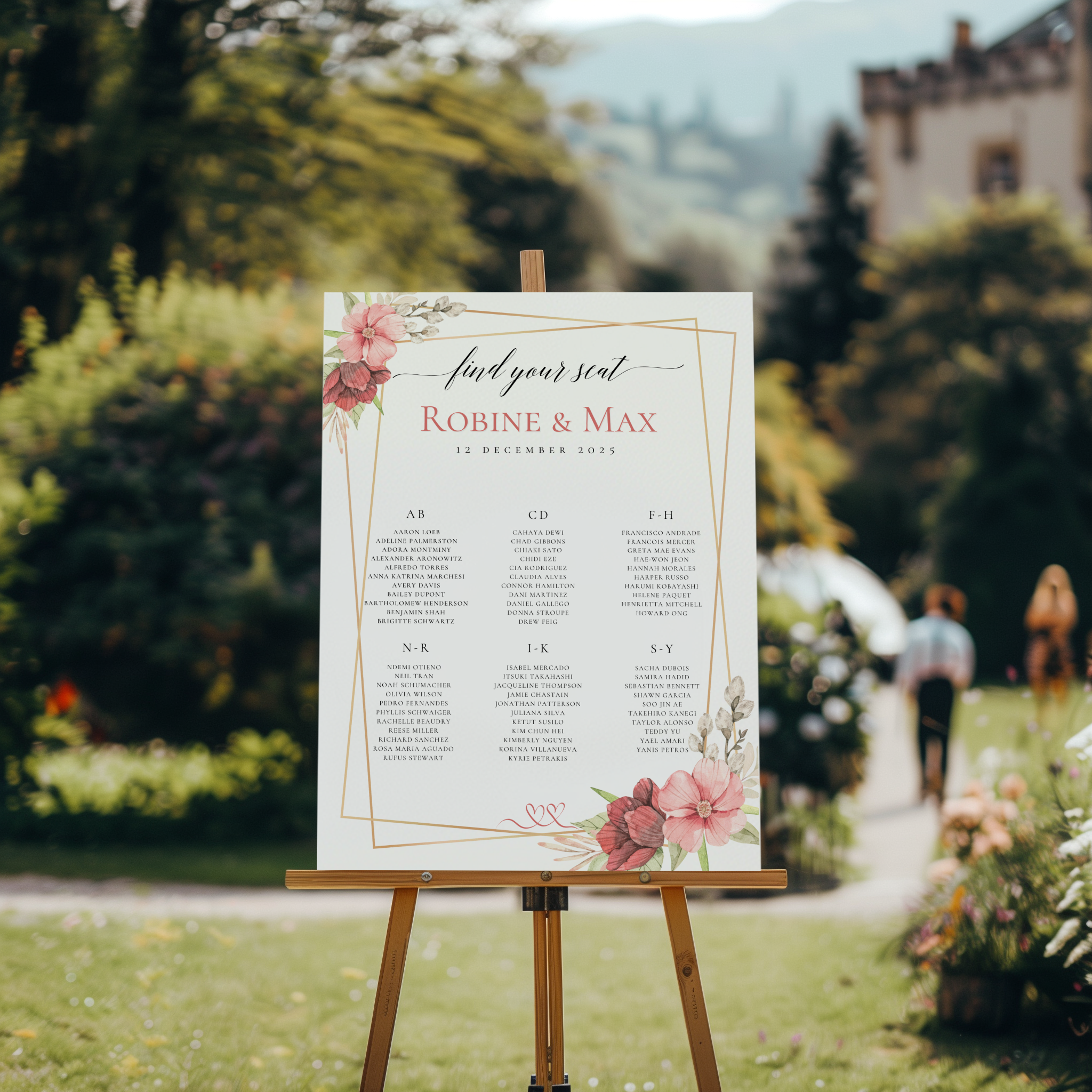 Seating-chart voor bruiloft met rode bloemen ontwerp