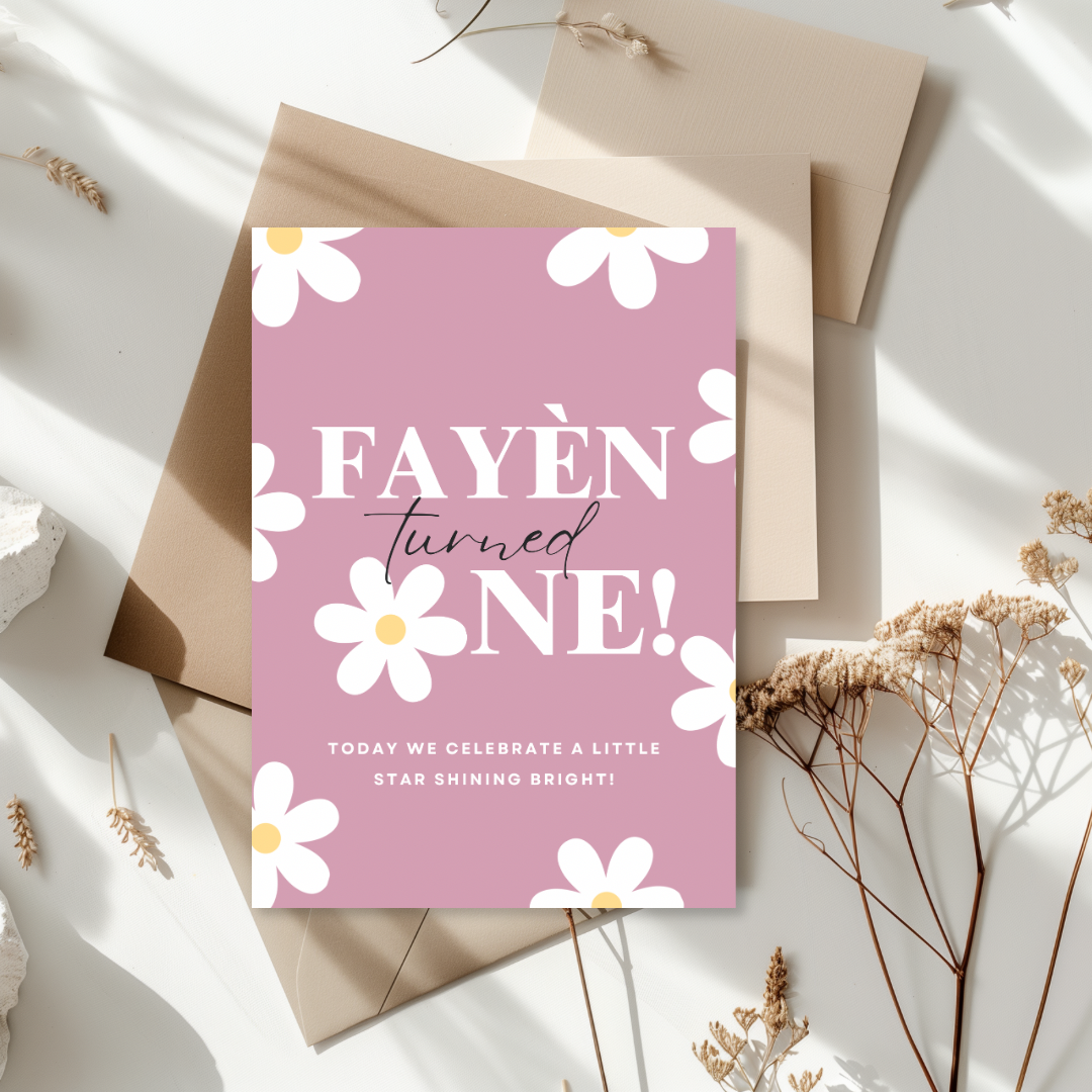 Tafelkaart voor verjaardag met madeliefjes 1 jaar roze ontwerp