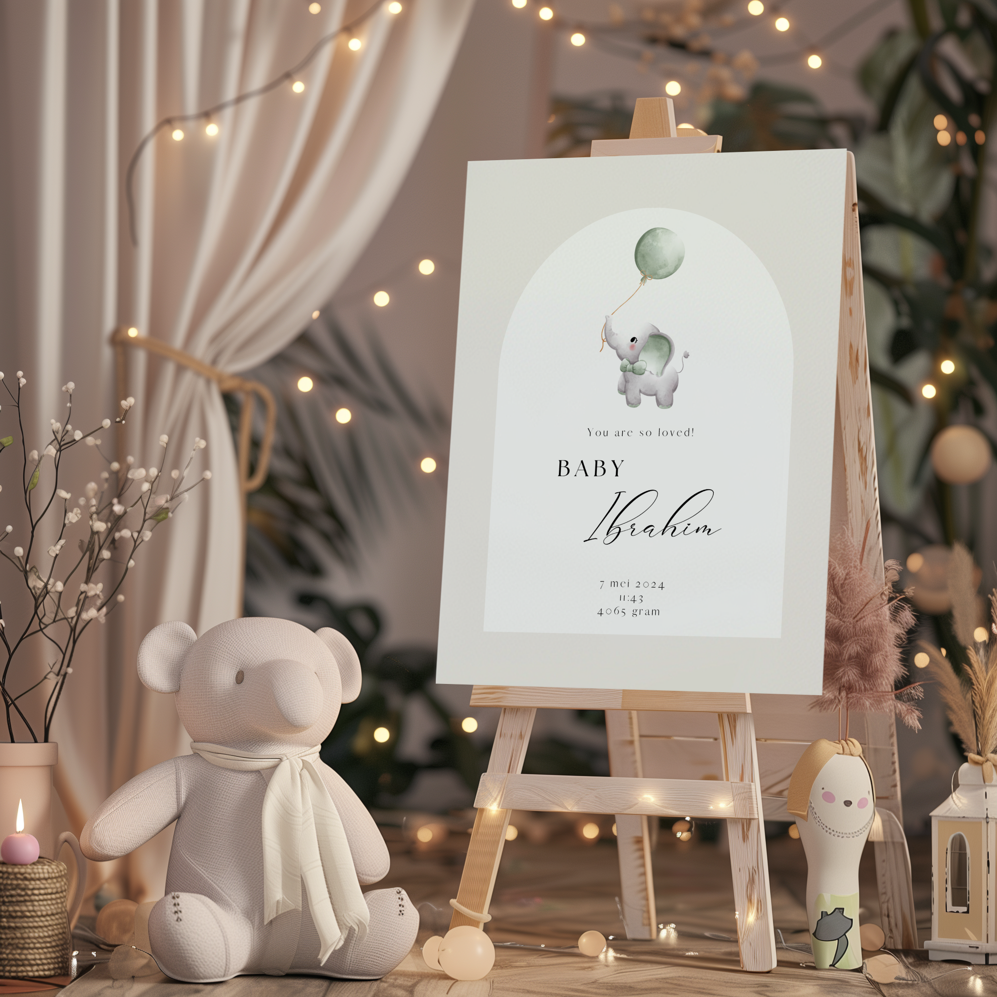 Welkomstbord voor geboorte met olifant met ballon beige ontwerp