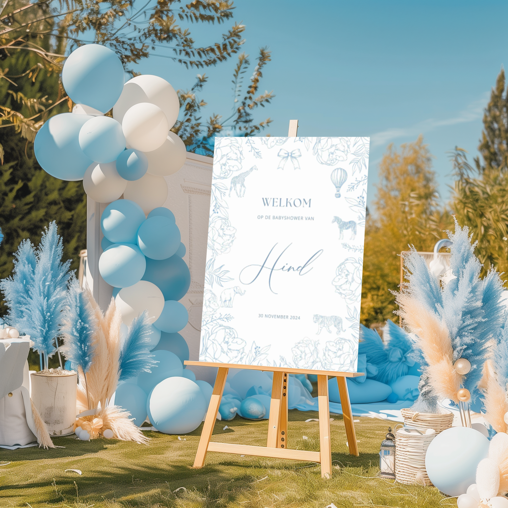 Welkomstbord voor babyshower met blauwe dieren ontwerp