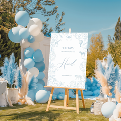 Welkomstbord voor babyshower met blauwe dieren ontwerp - Creations and More