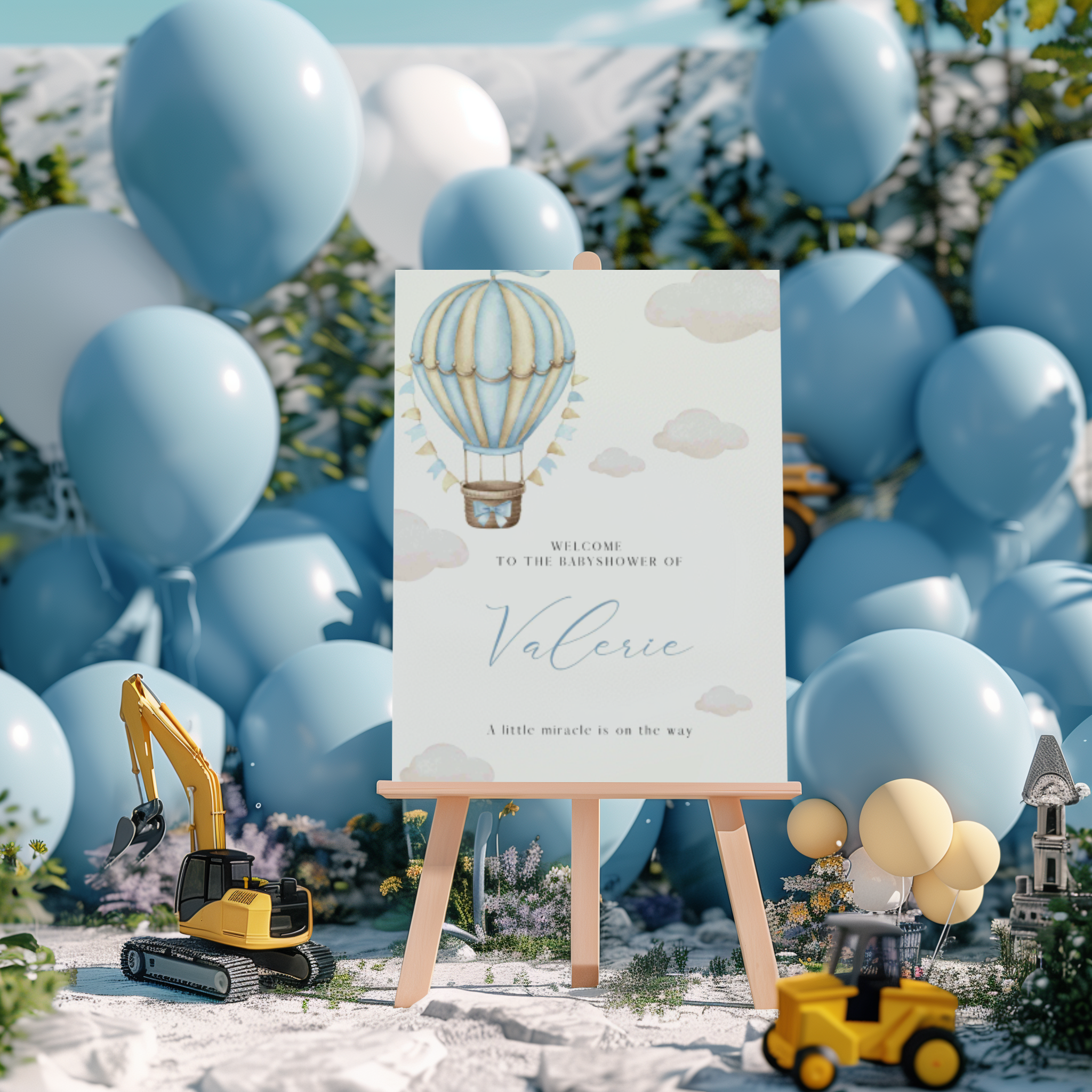 Welkomstbord voor babyshower met blauwe luchtballon met wolkjes ontwerp