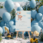 Welkomstbord voor babyshower met beertje met blauwe ballonnen ontwerp