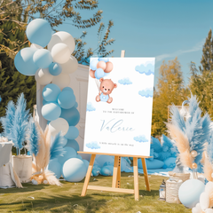 Welkomstbord voor babyshower met beertje met blauwe ballonnen ontwerp - Creations and More