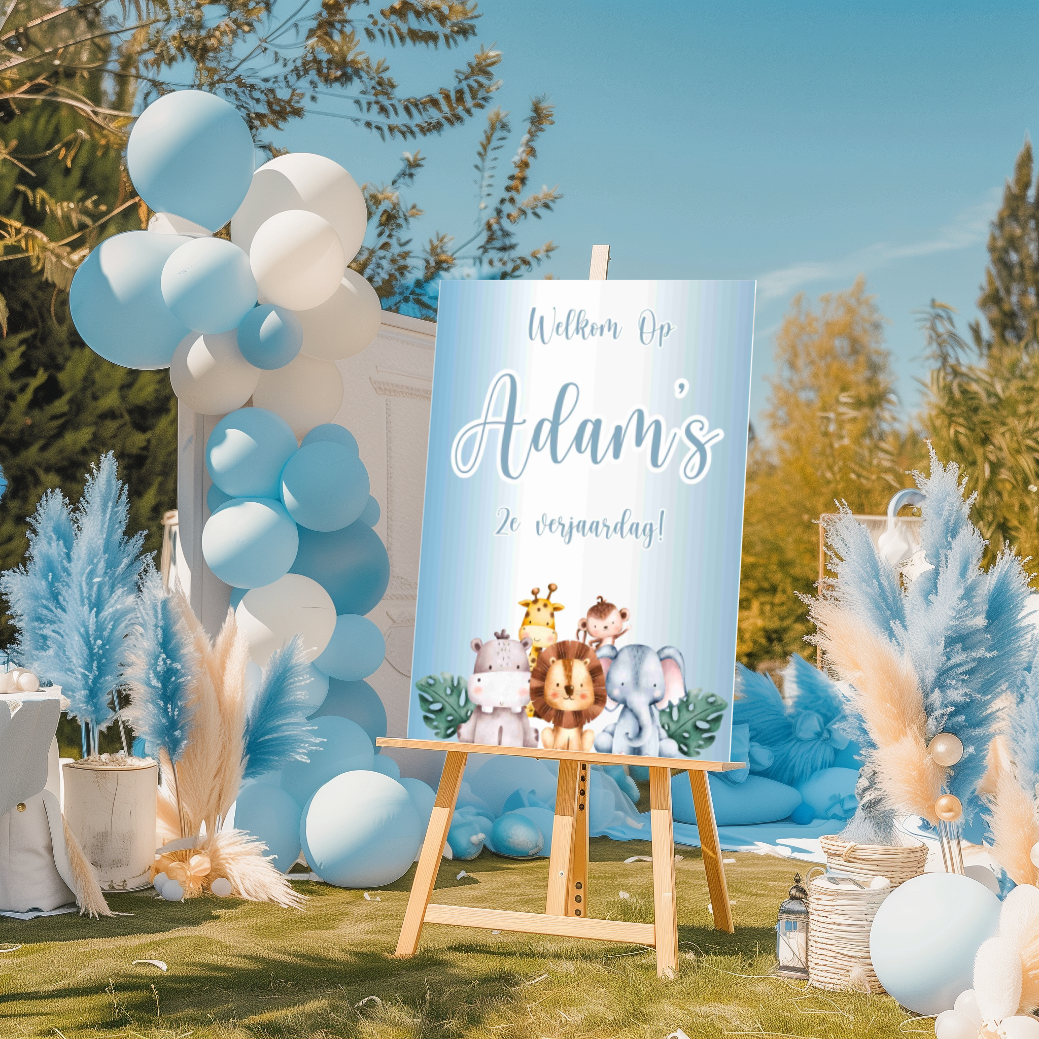 Welkomstbord voor verjaardag met jungle dieren blauw ontwerp