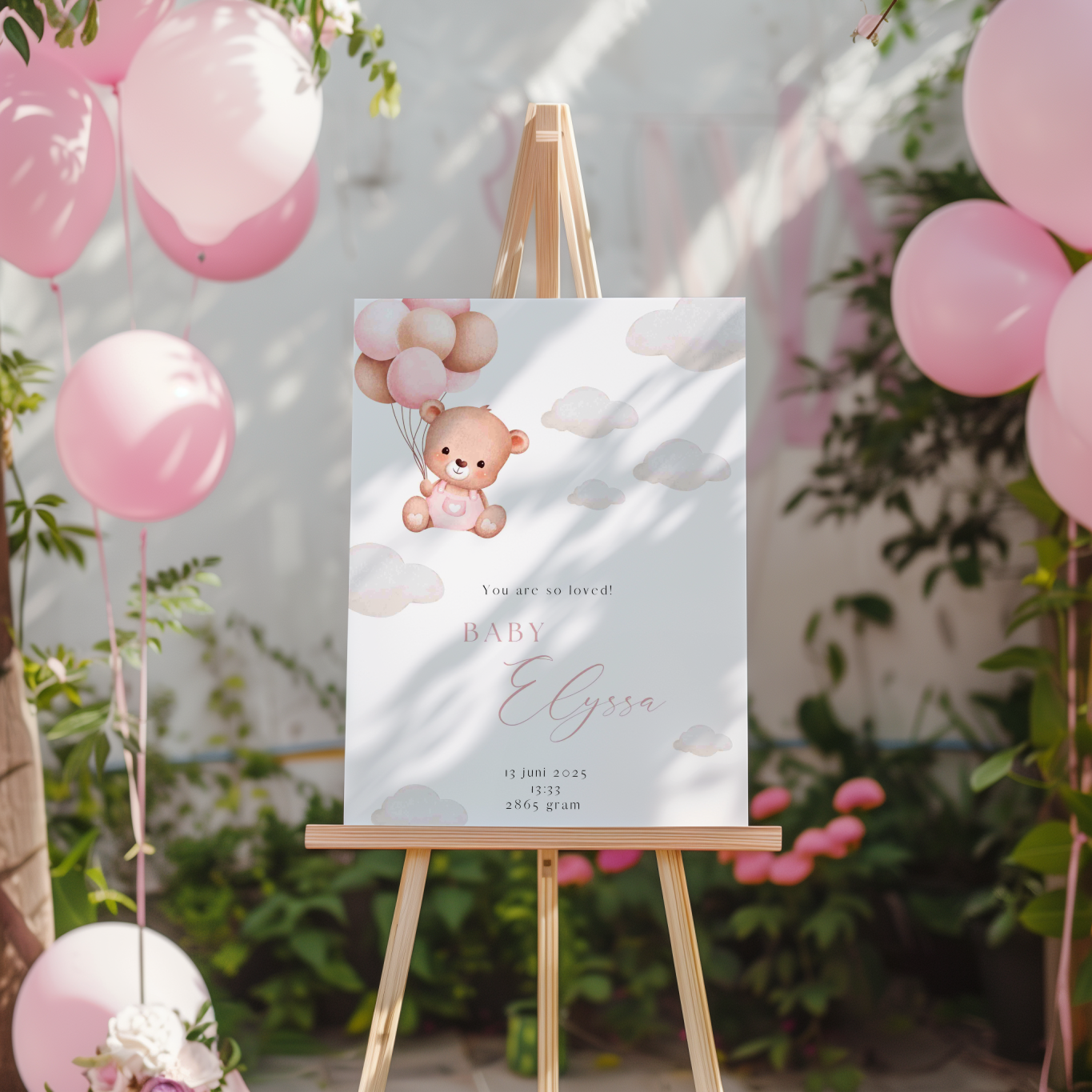 Welkomstbord voor geboorte met beertje met roze ballonnen ontwerp