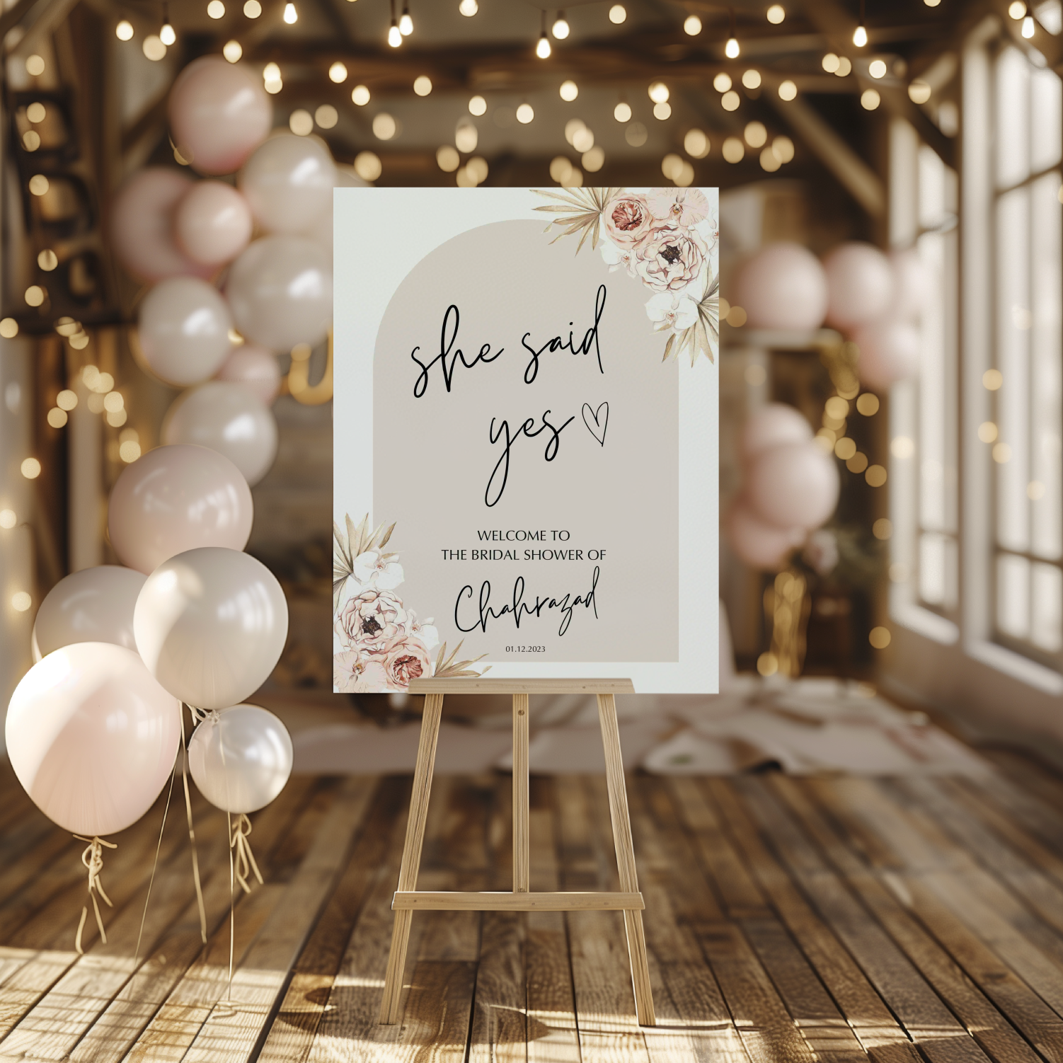 Welkomstbord voor bridal shower met she said yes ontwerp