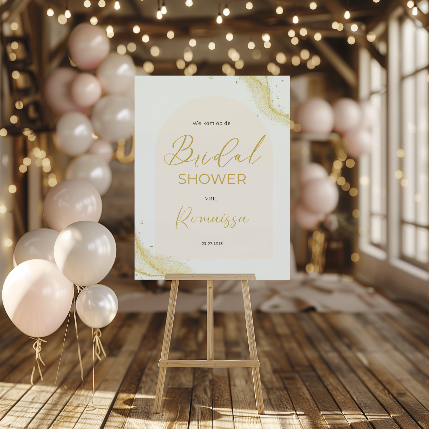 Welkomstbord voor bridal shower met beige boog met gouden glitters ontwerp