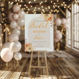 Welkomstbord voor bridal shower met beige boog met oranje bloemen ontwerp