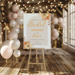 Welkomstbord voor bridal shower met beige boog met oranje bloemen ontwerp - Creations and More
