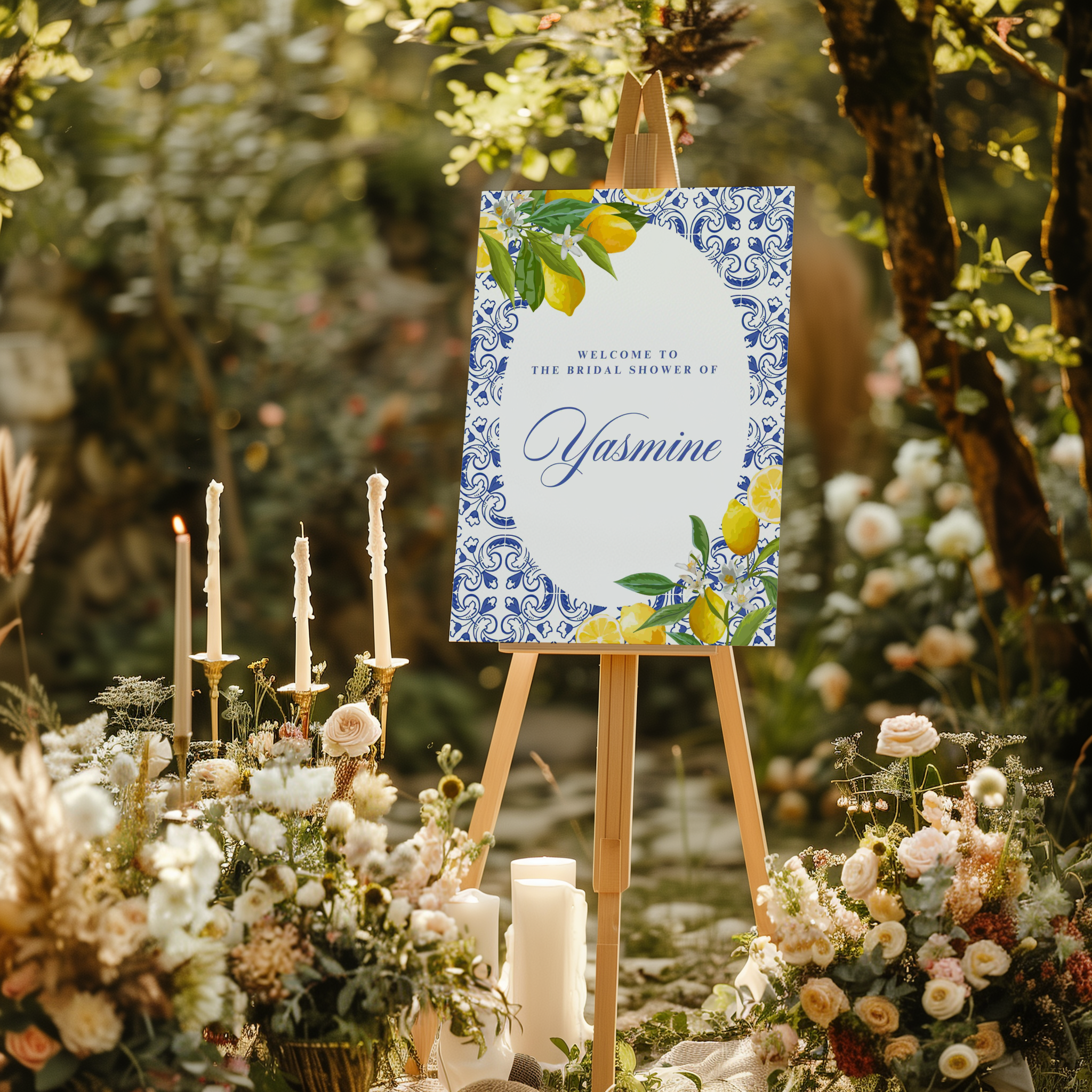 Welkomstbord voor bridal shower met amalfi blauw ovaal ontwerp