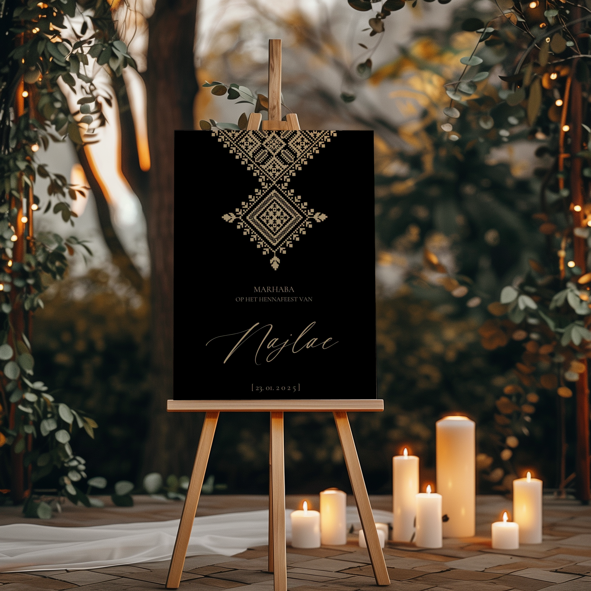 Welkomstbord voor henna met marokkaans fessi zwart ontwerp