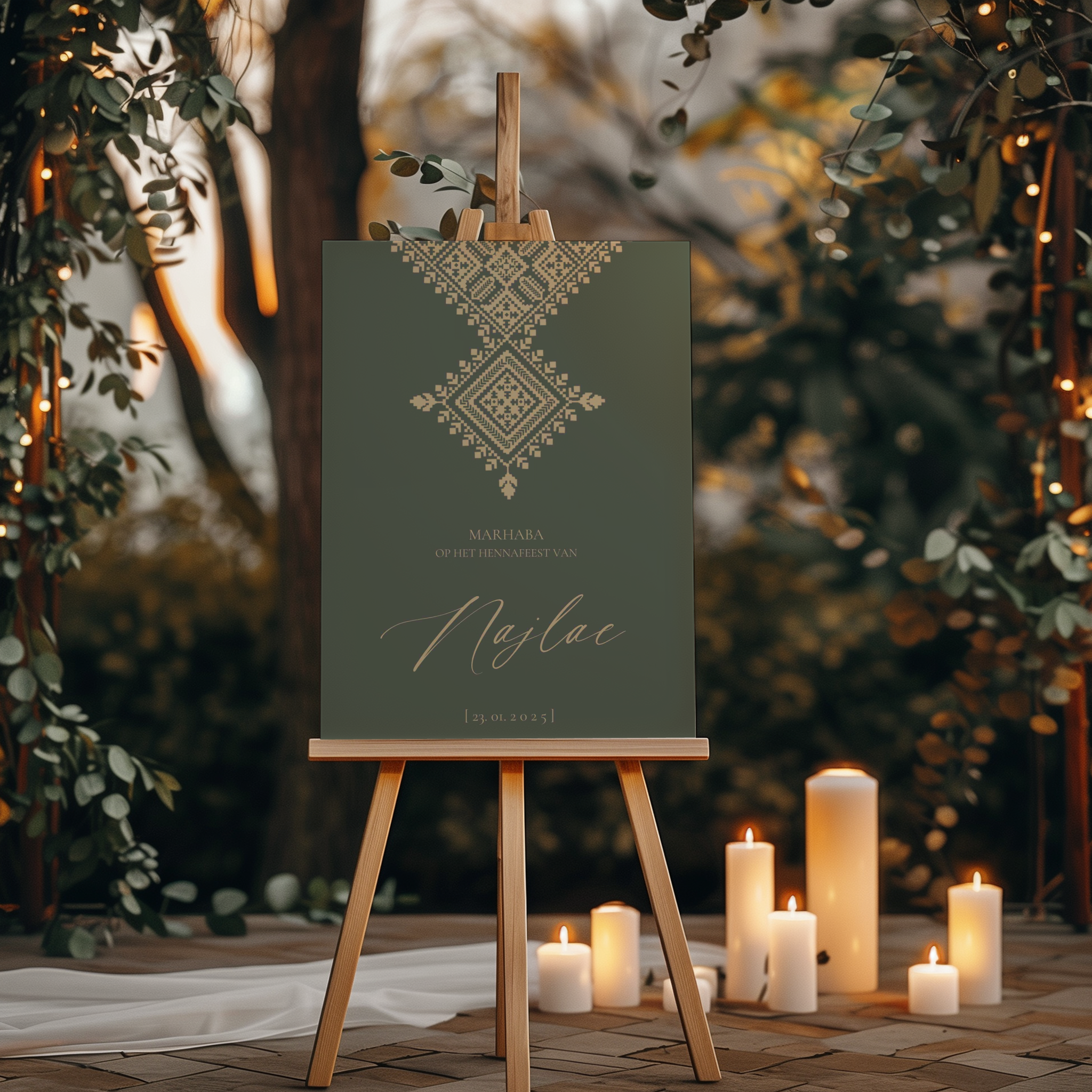 Welkomstbord voor henna met marokkaans fessi zwart ontwerp