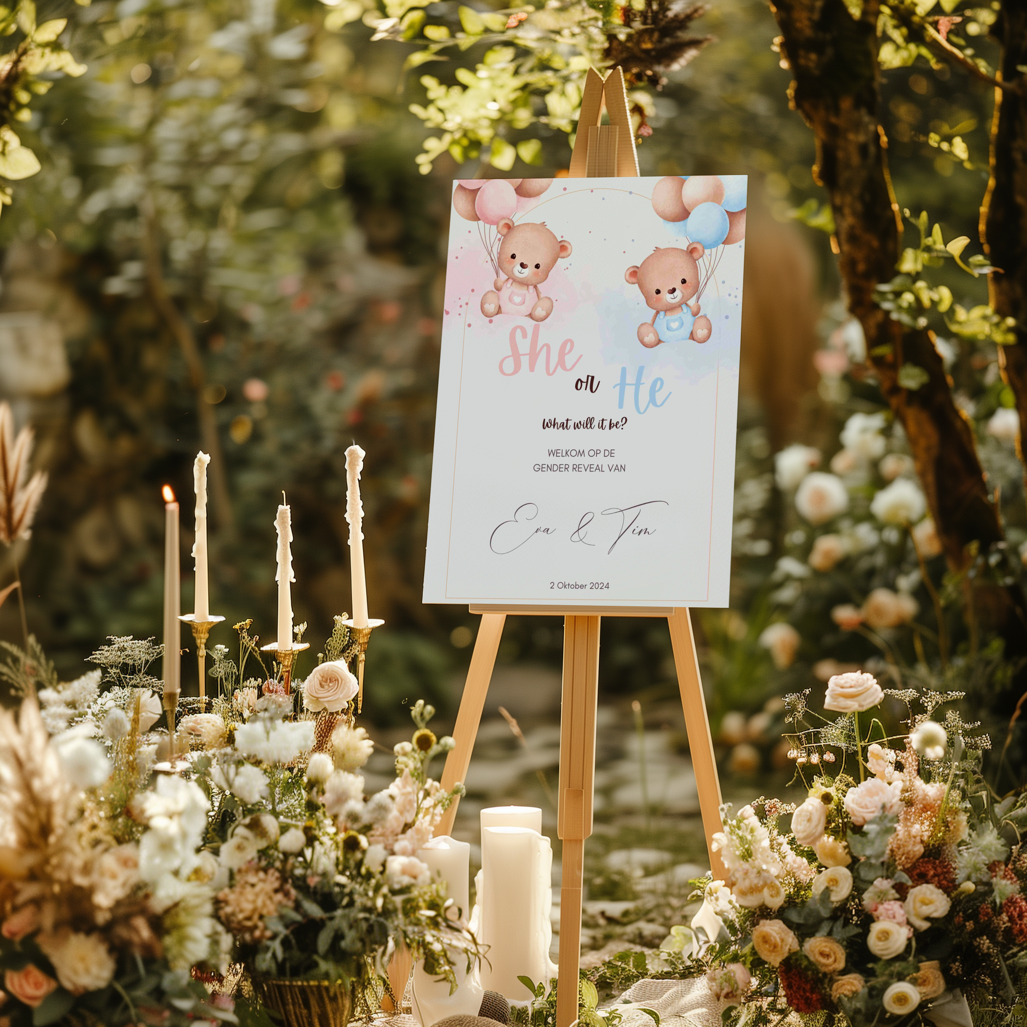 Welkomstbord voor gender reveal met beertjes met ballonnen ontwerp