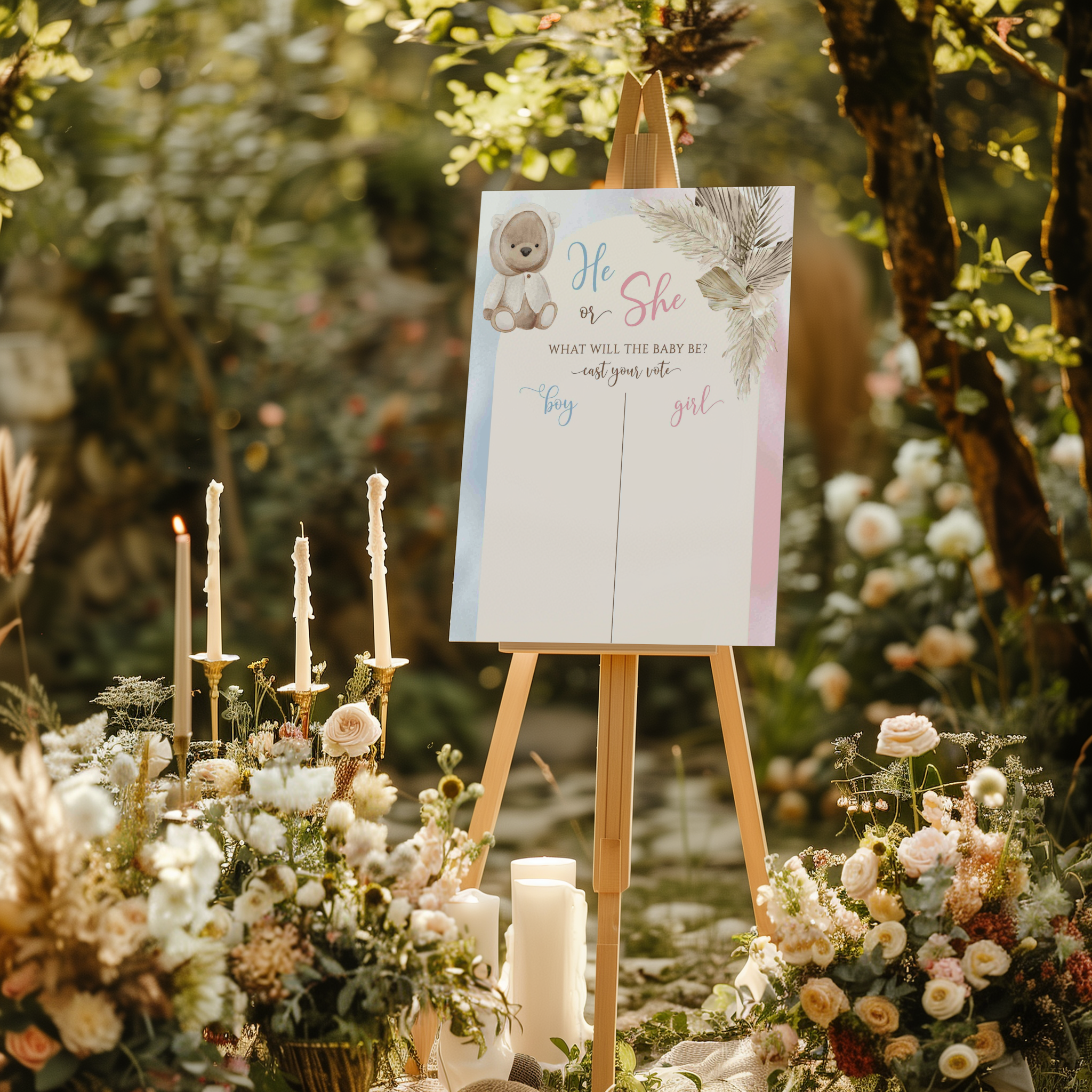 Welkomstbord voor gender reveal met he or she? ontwerp