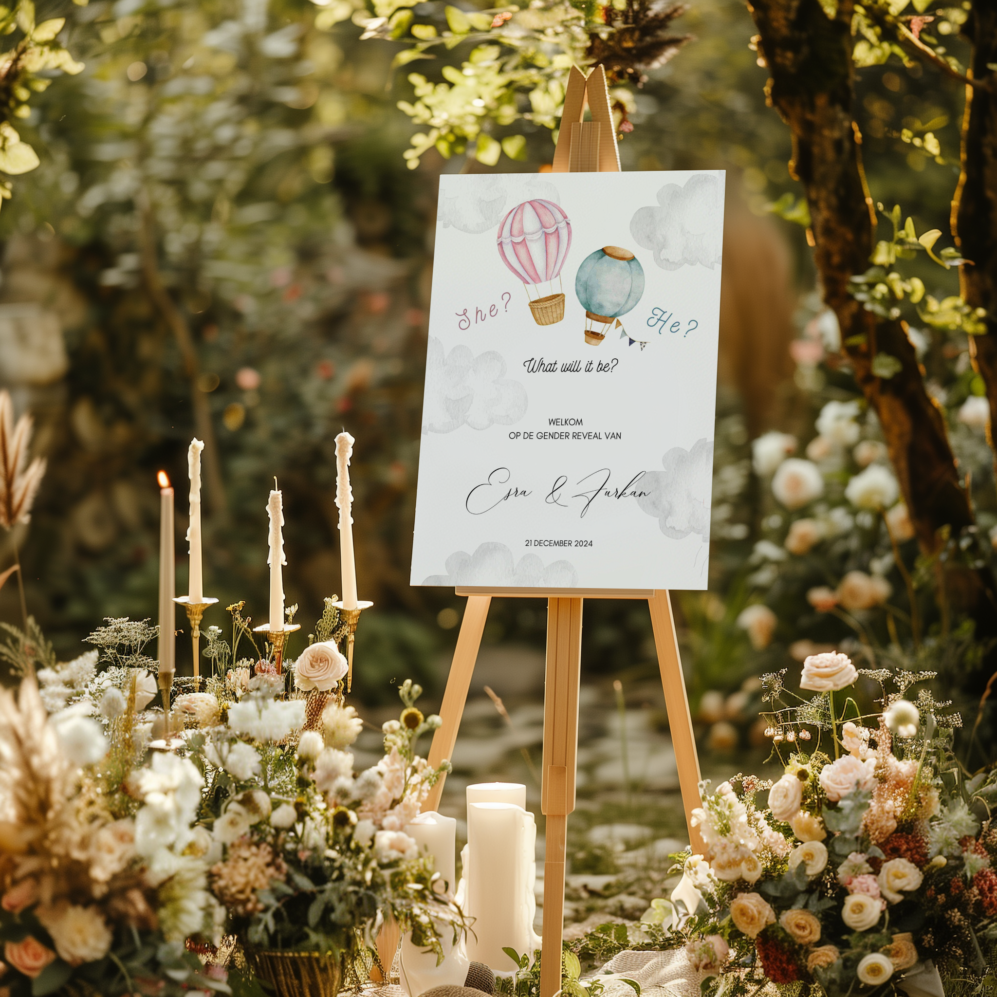 Welkomstbord voor gender reveal met luchtballonnen ontwerp