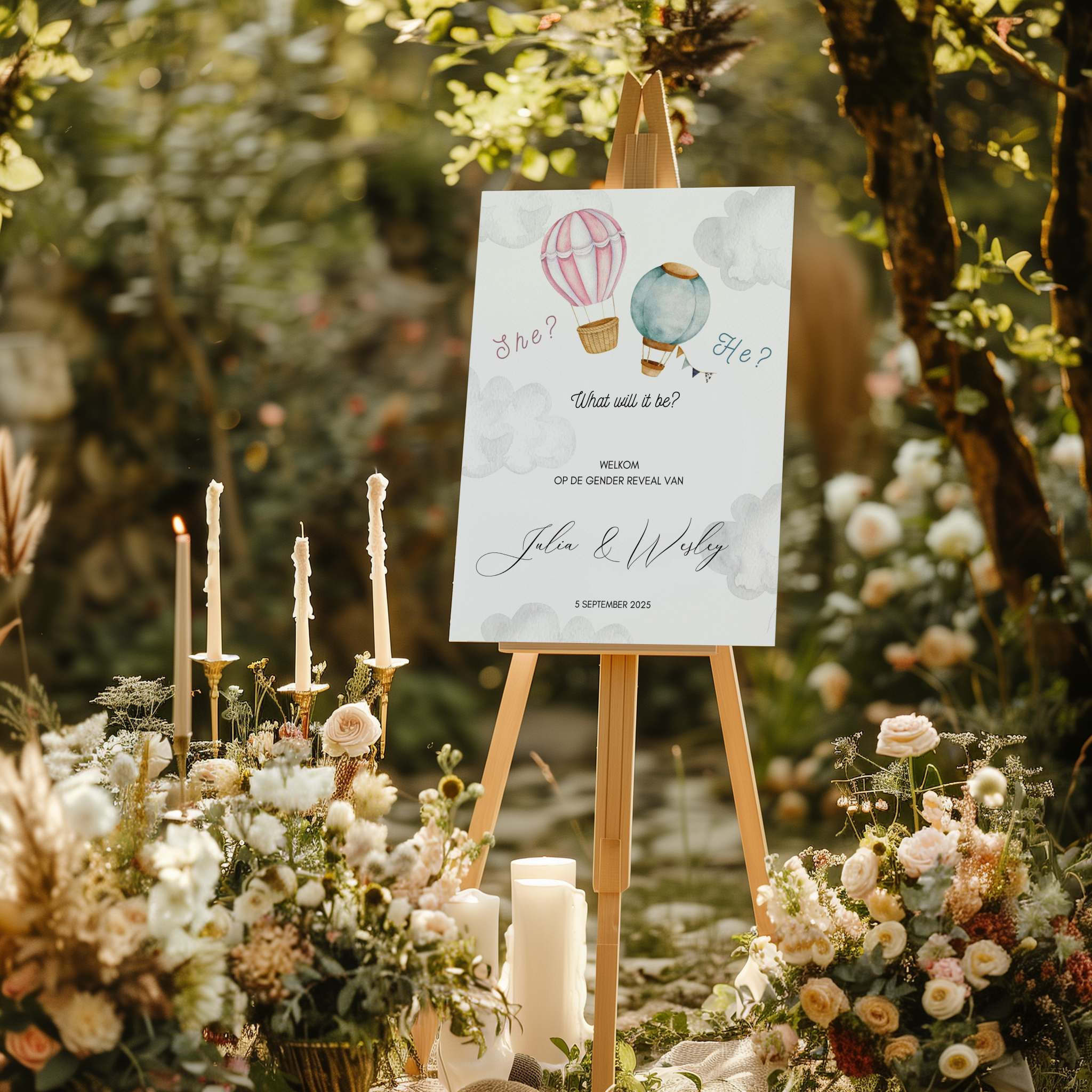Welkomstbord voor gender reveal met luchtballonnen ontwerp