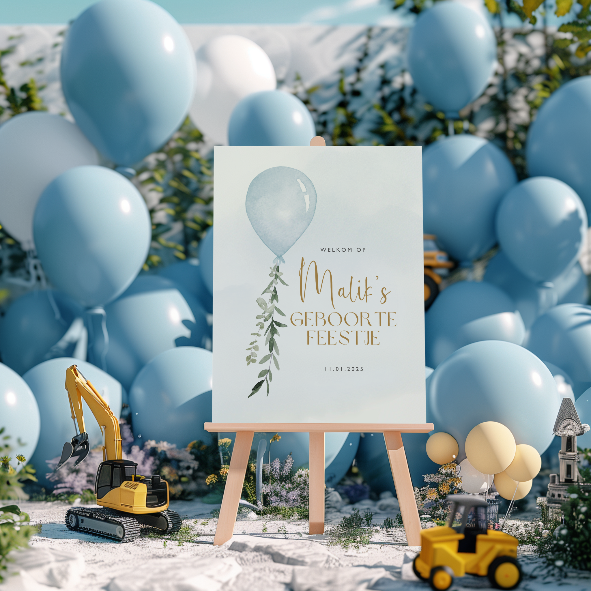 Welkomstbord voor geboorte met blauwe ballon ontwerp