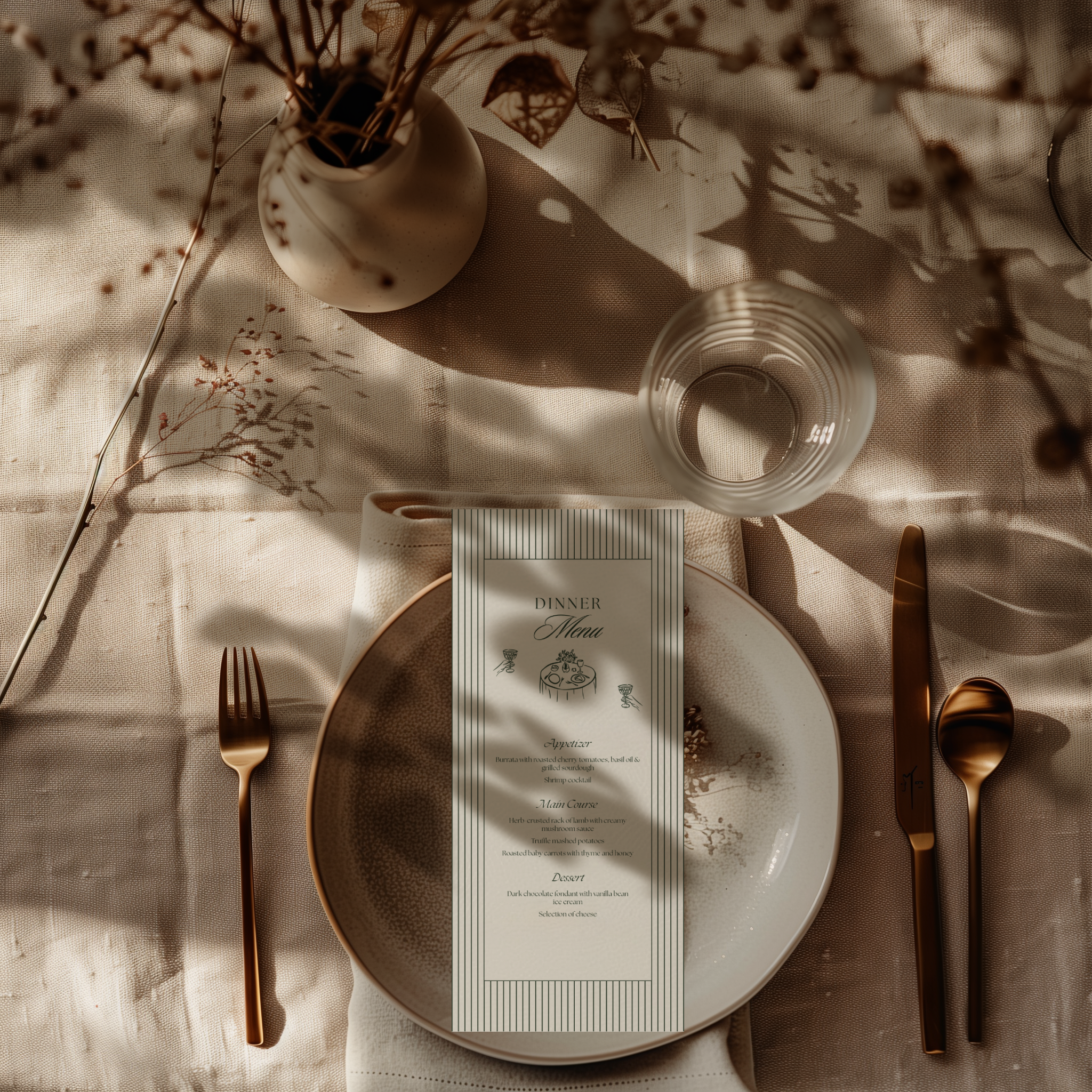 Kaart voor bruiloft met menukaart – gestreept ontwerp