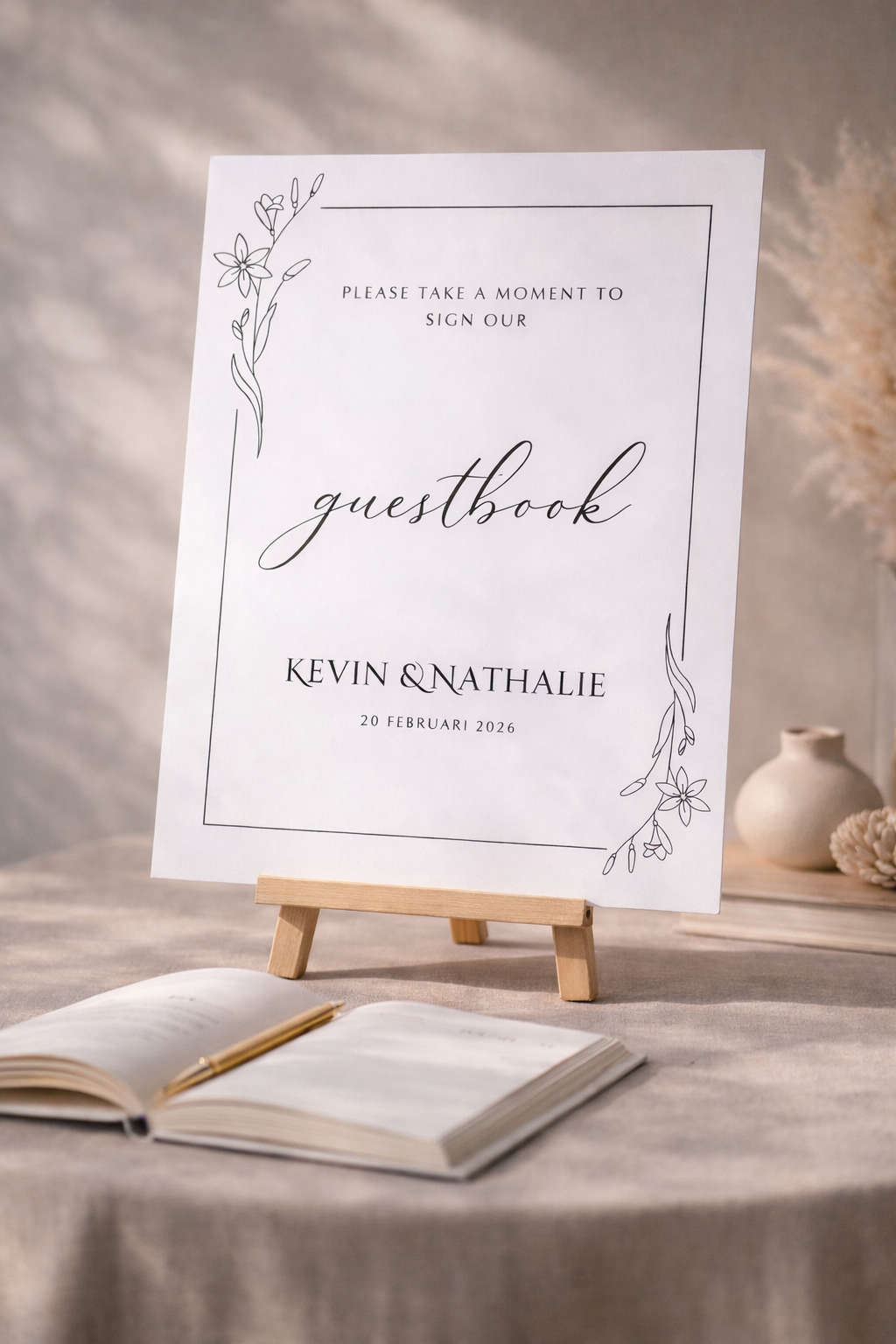 Welkomstbord voor bruiloft met gastenboek ontwerp