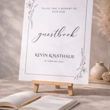 Welkomstbord voor bruiloft met gastenboek ontwerp
