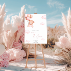 Welkomstbord Geboorte - Beertje Met Roze Ballonnen