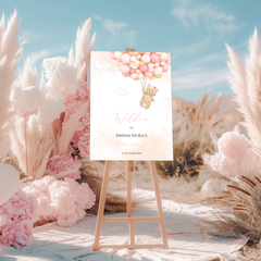 Welkomstbord voor geboorte met teddybeer met roze ballonnen ontwerp - Creations and More