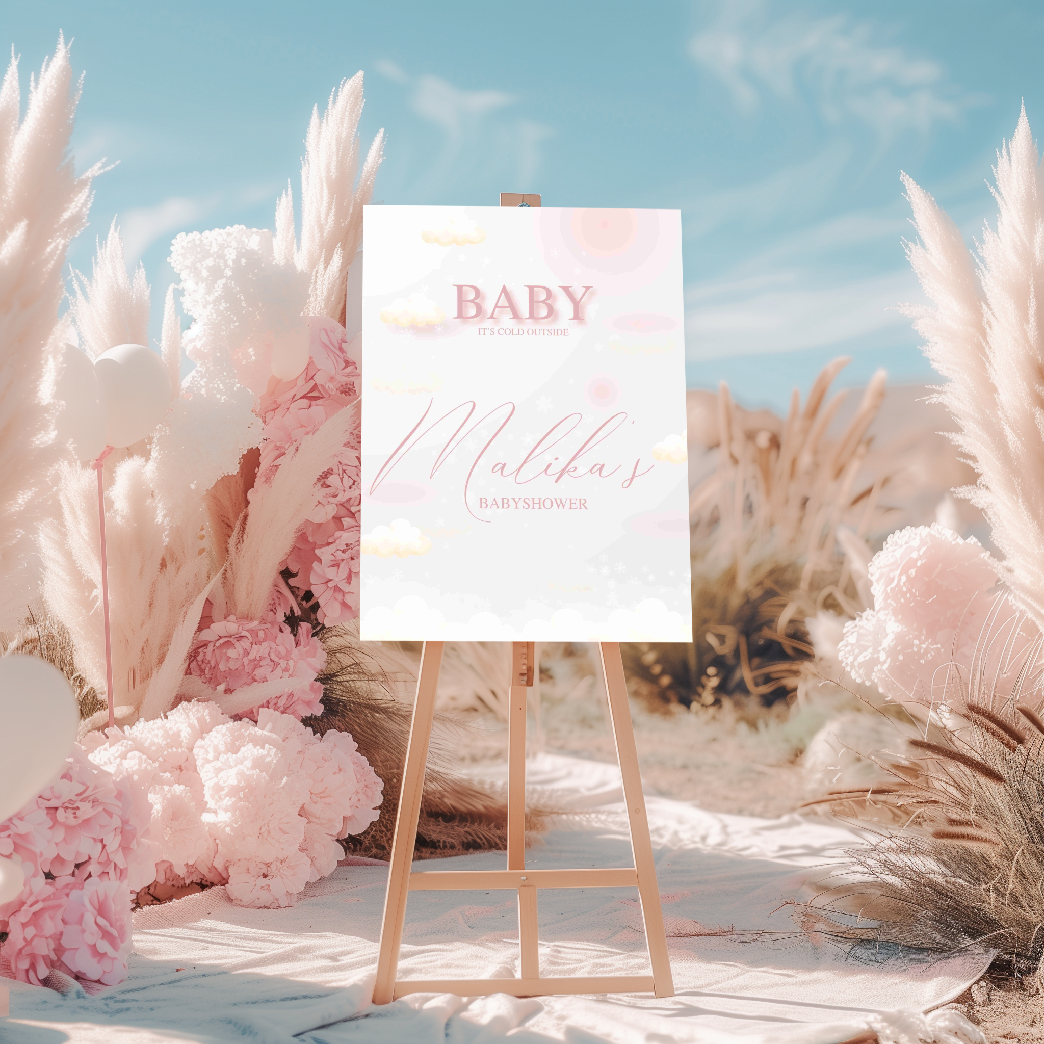 Welkomstbord voor babyshower met roze wolken ontwerp
