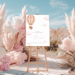 Welkomstbord Babyshower - Roze Luchtballon met wolkjes