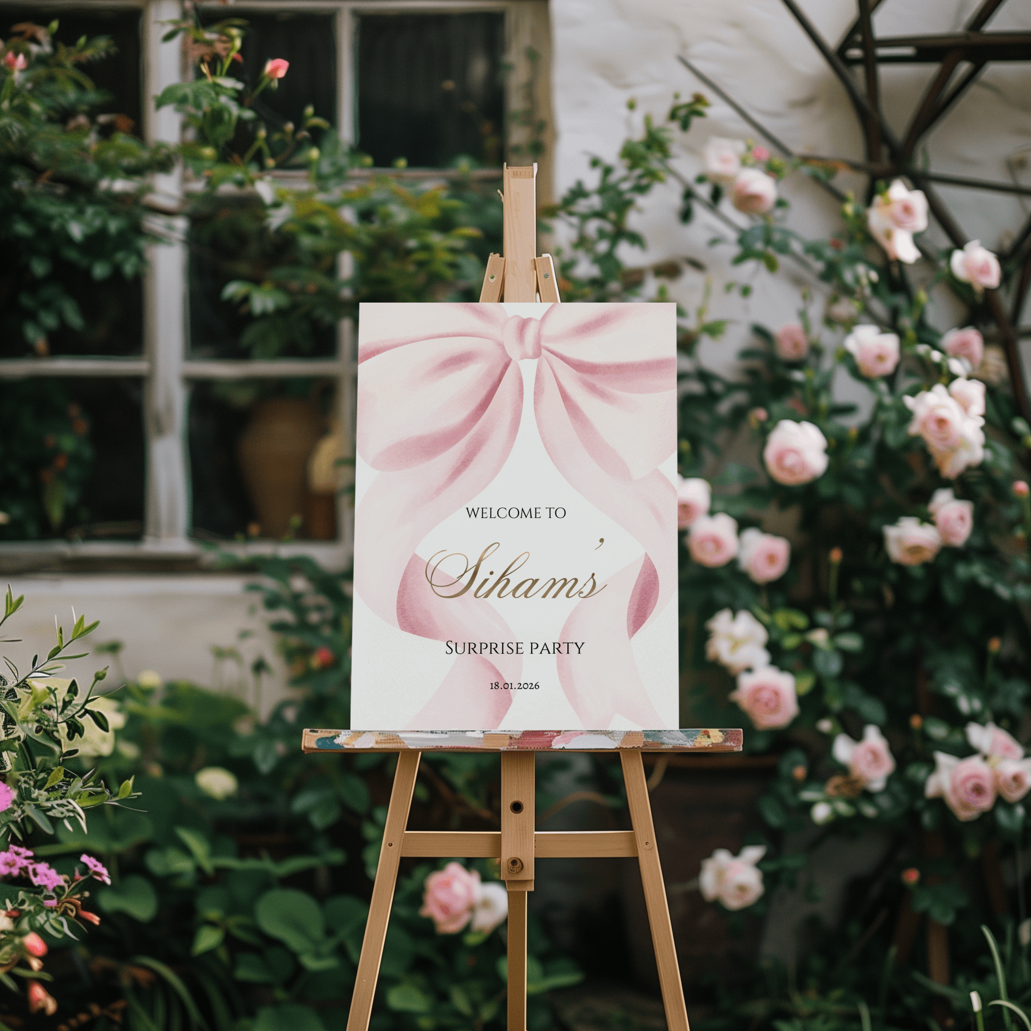 Welkomstbord met roze strik voor babyshower, verjaardag of surprise party Gepersonaliseerd