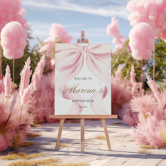 Welkomstbord babyshower met grote roze strik - Creations and More