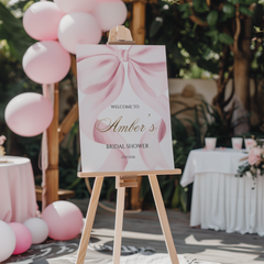 Welkomstbord bridal shower met grote roze strik - Creations and More