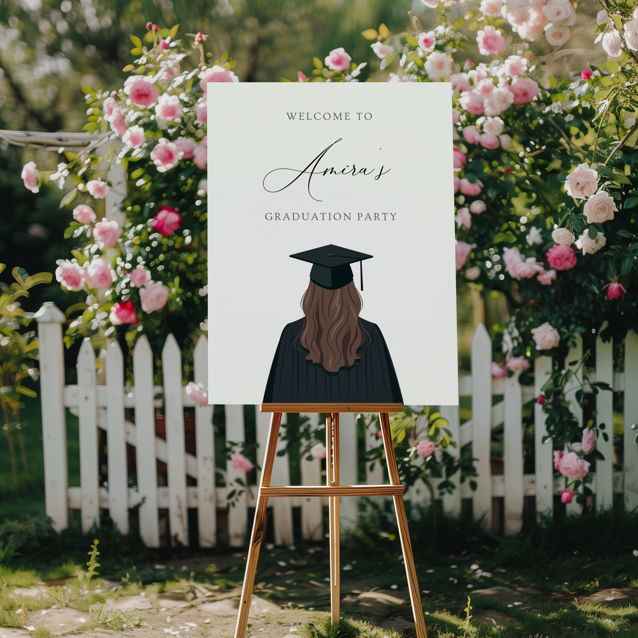 Gepersonaliseerd welkomstbord voor afstudeerfeest met illustratie van afgestudeerde met bruin haar