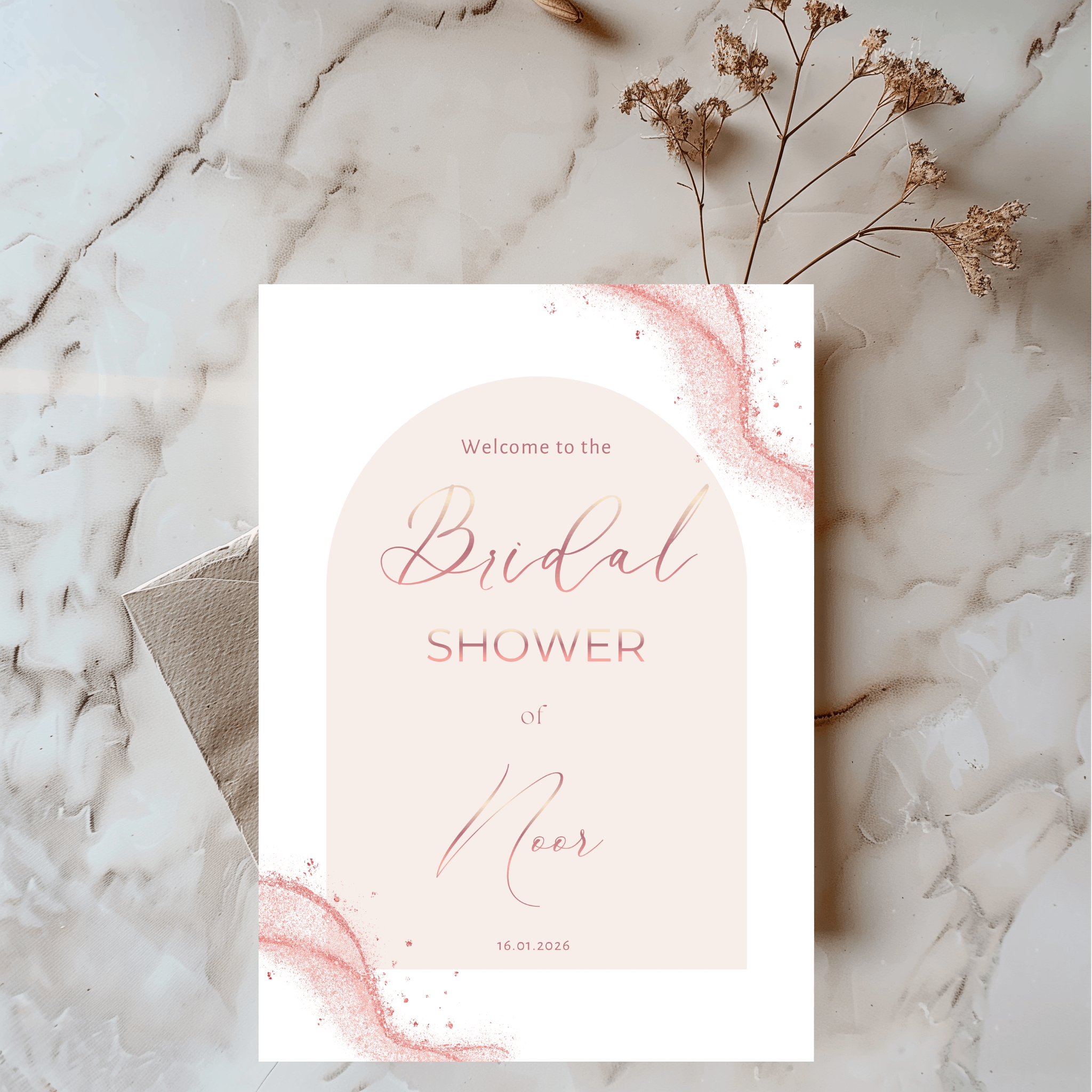 Tafelkaart bridal shower met roze boog en rosé glitters - Creations and More