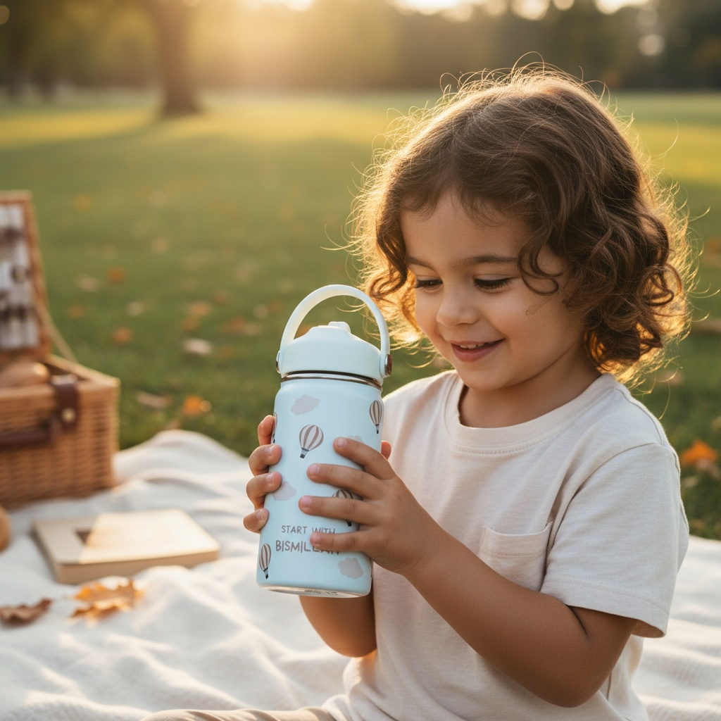 RVS drinkfles voor kinderen start with bismillah luchtballonnen lekvrij Beige