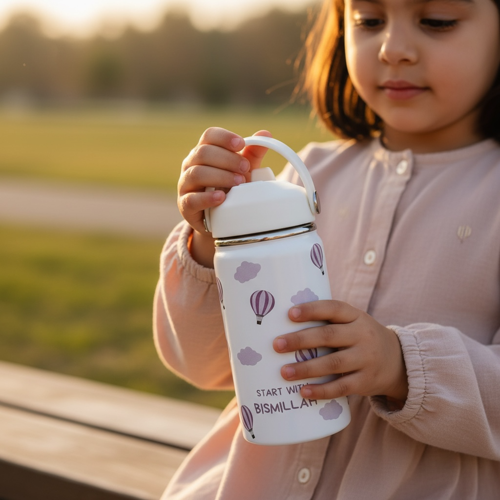 RVS drinkfles voor kinderen start with bismillah luchtballonnen lekvrij Paars