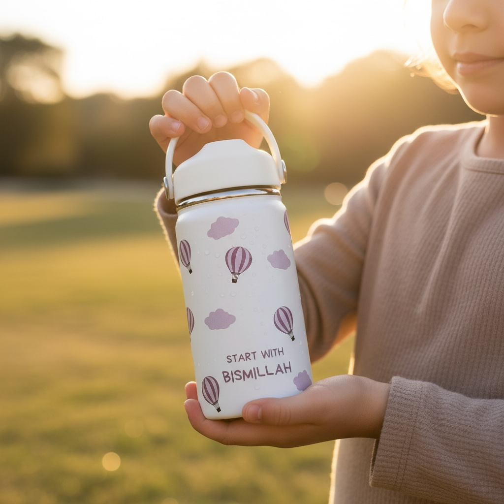RVS drinkfles voor kinderen start with bismillah luchtballonnen lekvrij Paars