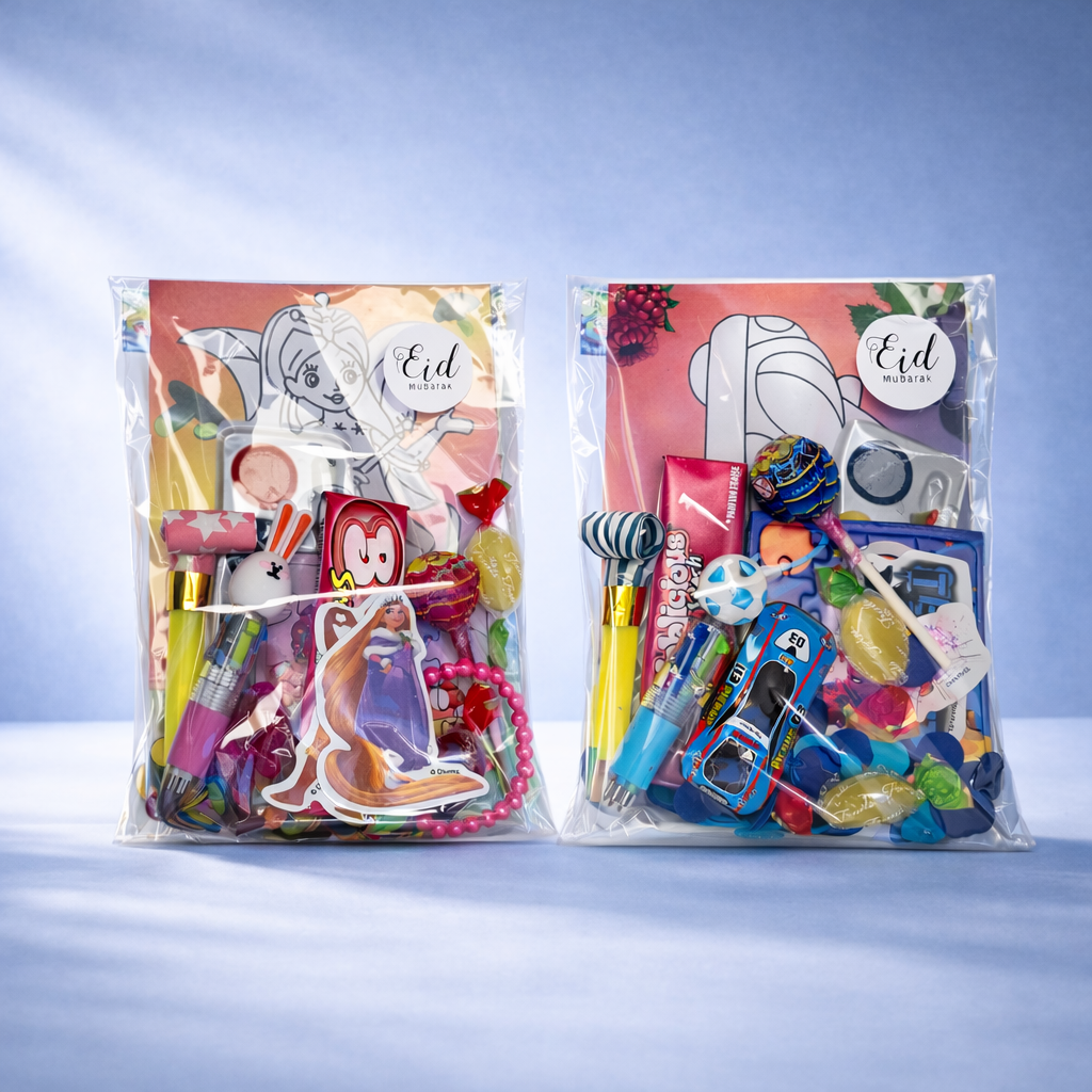 Eid traktaties voor kinderen met speeltjes en snoep jongen en meisje 